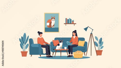 People relaxing at home with dog, laptop and indoor plants