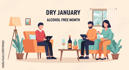 People relaxing at home during alcohol-free month, engaged with devices