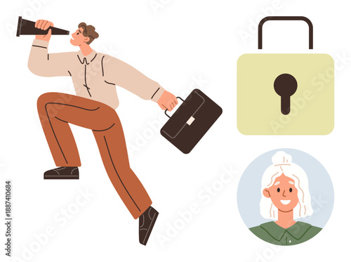 Business strategy, online security, professional growth, identity protection, career networking, and technology. Man searching with telescope, lock icon female profile avatar. Online security