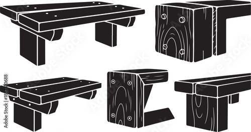 Illustration of various wooden bench designs and angles shown
