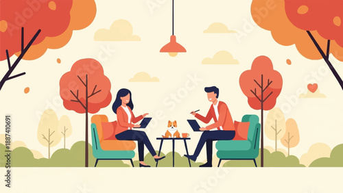 People working on laptops in autumn park with dog and coffee