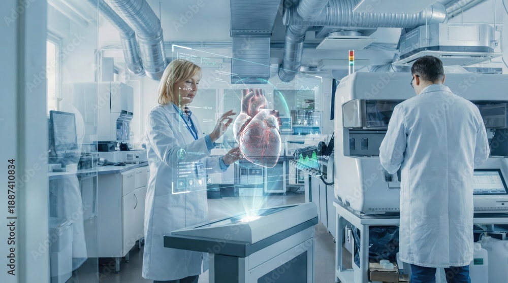 Obraz premium Futuristic medical research lab using augmented reality to study human heart anatomy,doctors analyzing 3D holographic cardiovascular diagnostics