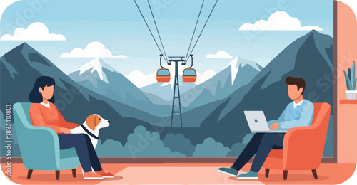 People relaxing by mountains with a dog and cable car