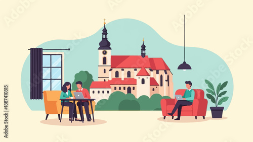 People working remotely with a historic building in the background