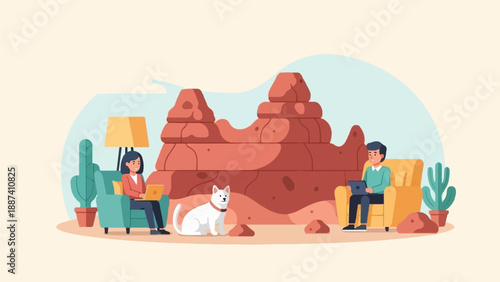 People working remotely with a pet in a desert landscape