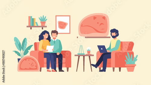 People relaxing in a cozy room with plants, books, and artwork