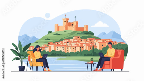 People working remotely with a scenic village and castle backdrop