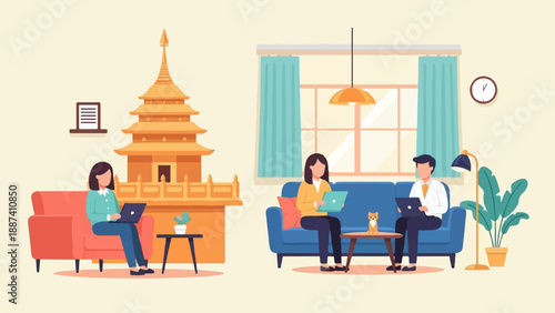 People working remotely with a temple structure and domestic animals