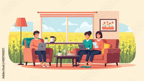 People working on laptops indoors with a bright yellow field outside