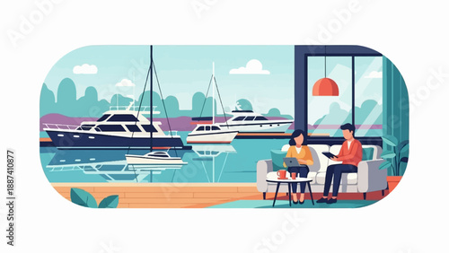 People working on laptops inside a room overlooking a harbor with yachts