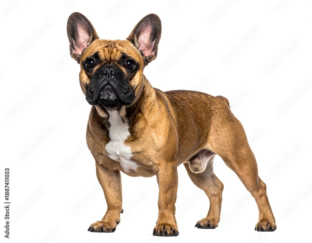 Fototapeta premium A brown dog with white markings standing on a plain background