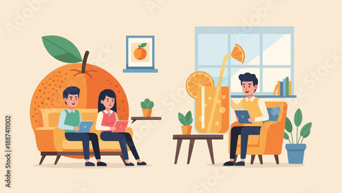 People working on laptops near a giant orange and orange juice