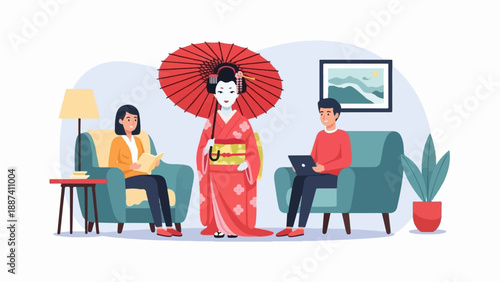 People relaxing in a room with a geisha holding a red umbrella