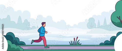 Person jogging on a path beside a lake with trees and clouds in the background