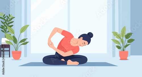 Person meditating in a serene room with plants and natural light