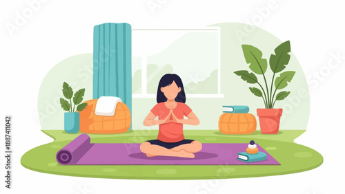 Person meditating indoors on a yoga mat with plants, books, and beanbag chairs