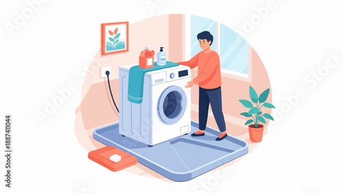Person near washing machine with detergent and plant
