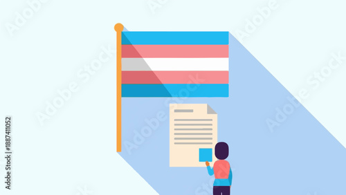 Person observing a transgender flag and document with blue square overlay