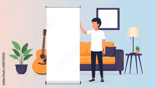 Person next to blank poster board, with guitar and plant on left, couch and lamp on right