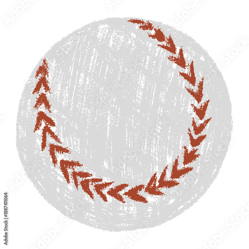 Hand drawn baseball ball in chalk style with rough texture and stitched details, naive grunge doodle vector illustration, scrapbook friendly sports element isolated on white.