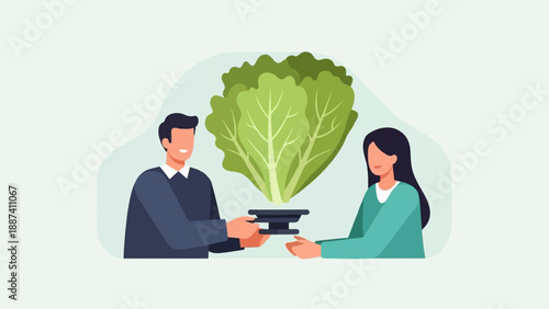 Person offering a large lettuce head to another person