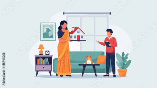 Person offering house model to another person in a living room with a dog