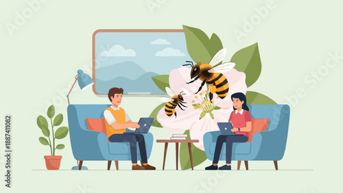 People working on laptops near bees and a flower in a room