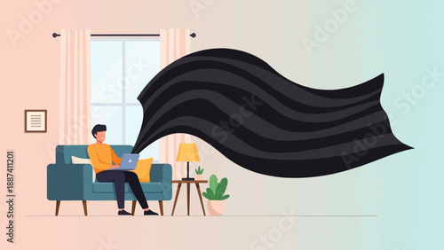 Person on couch using laptop, black smoke emerging from screen