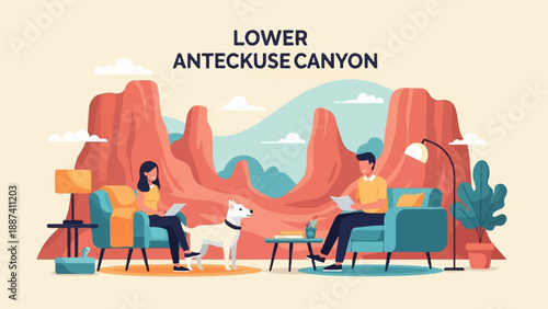 People relaxing in cozy living room with canyon backdrop