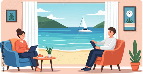People working from home with a view of the ocean and a sailboat