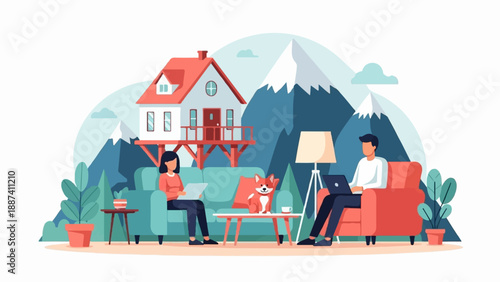 People working from home in cozy mountain cabin, with pet