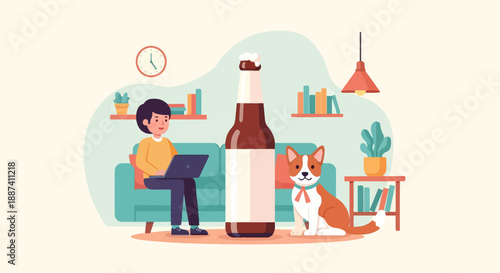 Person on couch with laptop, dog, and beverage at home