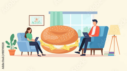 People working on laptops next to giant bagel and comfy chairs