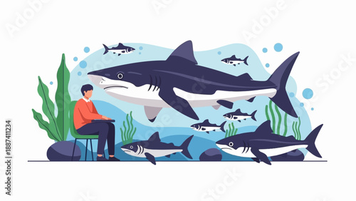 Person sits calmly surrounded by many sharks in a serene underwater scene