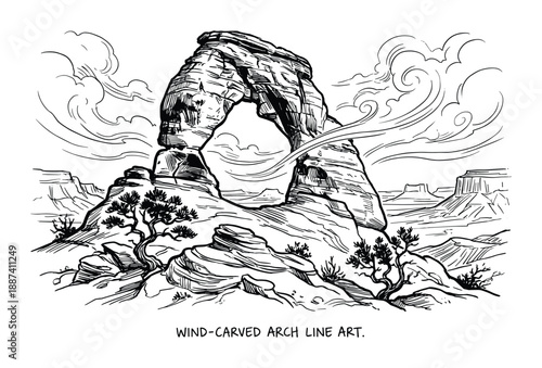 Wind-carved arch line art illustration featuring sandstone formation in desert landscape with clouds and trees