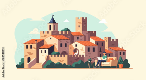 Person on couch working on laptop with dog and castle in background