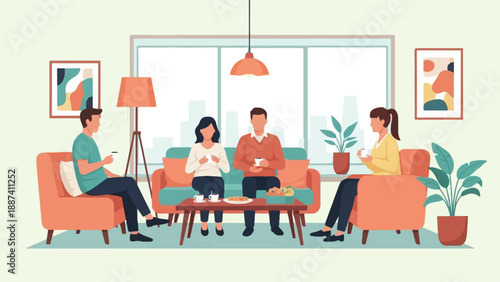 People relaxing indoors, enjoying drinks and conversation in a cozy living room