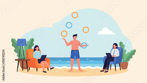 People working on laptops on a beach while a man juggles rings