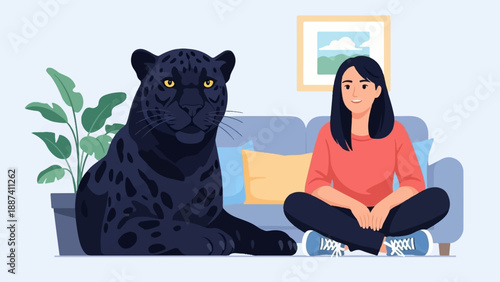 Person sits on couch with black panther and potted plant