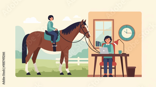 Person on horseback connected by reins to person working at desk indoors