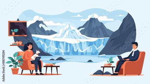 People working remotely with dog and laptop before a majestic glacial landscape