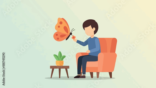 Person sitting in an armchair, holding a flower, with a butterfly approaching