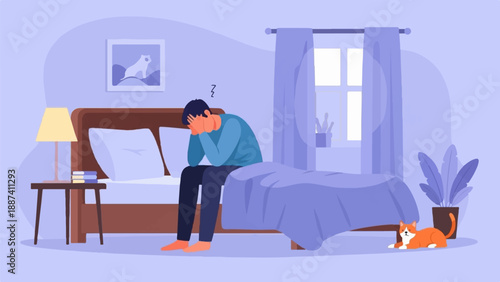Person sitting on bed head in hands, bedroom scene with cat