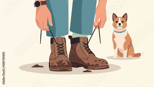 Person tying muddy boots with a dog watching