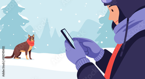 Person uses phone in snowy forest with dog nearby