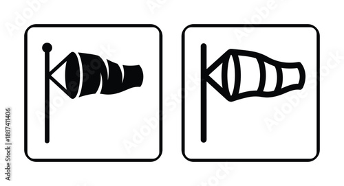 Windsock indicator icon signs for wind direction and wind speed symbol, wind sock isolated on white