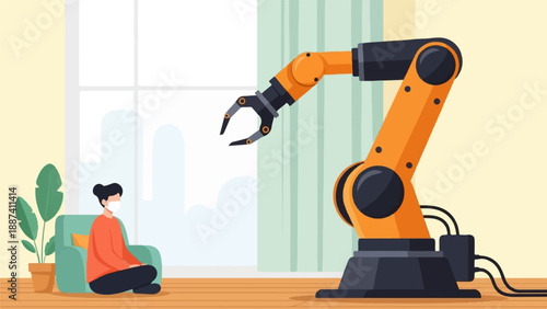 Person in mask sits on floor as robot arm hovers nearby