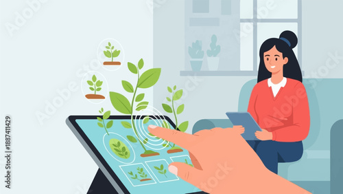 Person uses tablet to monitor plant growth indoors