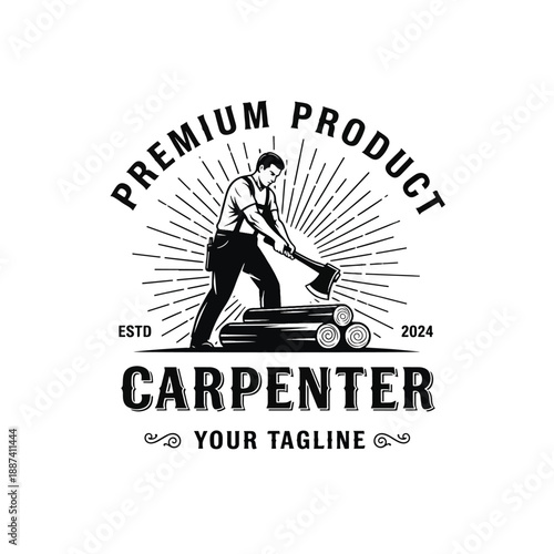 Skilled woodworker with axe, timber logs, vintage craftsmanship emblem illustration