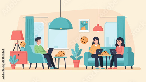People working on laptops near cookies and plants in a cozy room